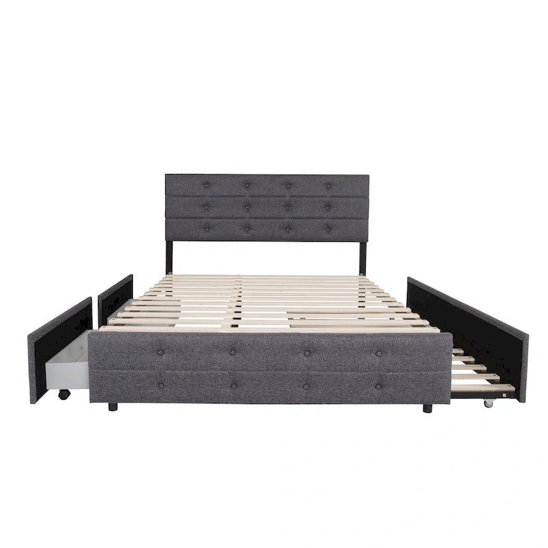 Lit gigogne gris en lin recouvert de tissu Queen Size avec tiroirs