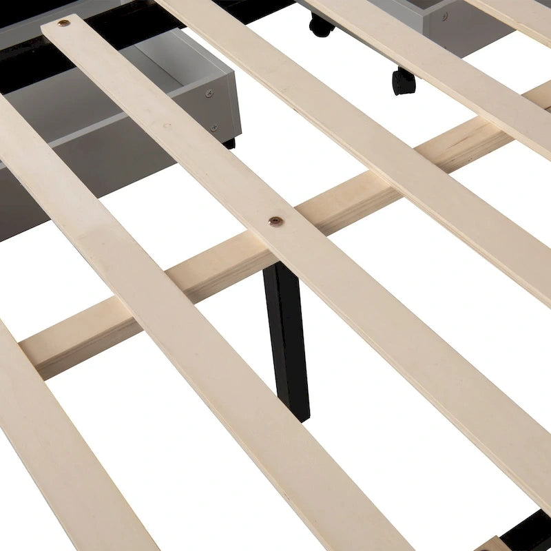 Lit gigogne gris en lin recouvert de tissu Queen Size avec tiroirs