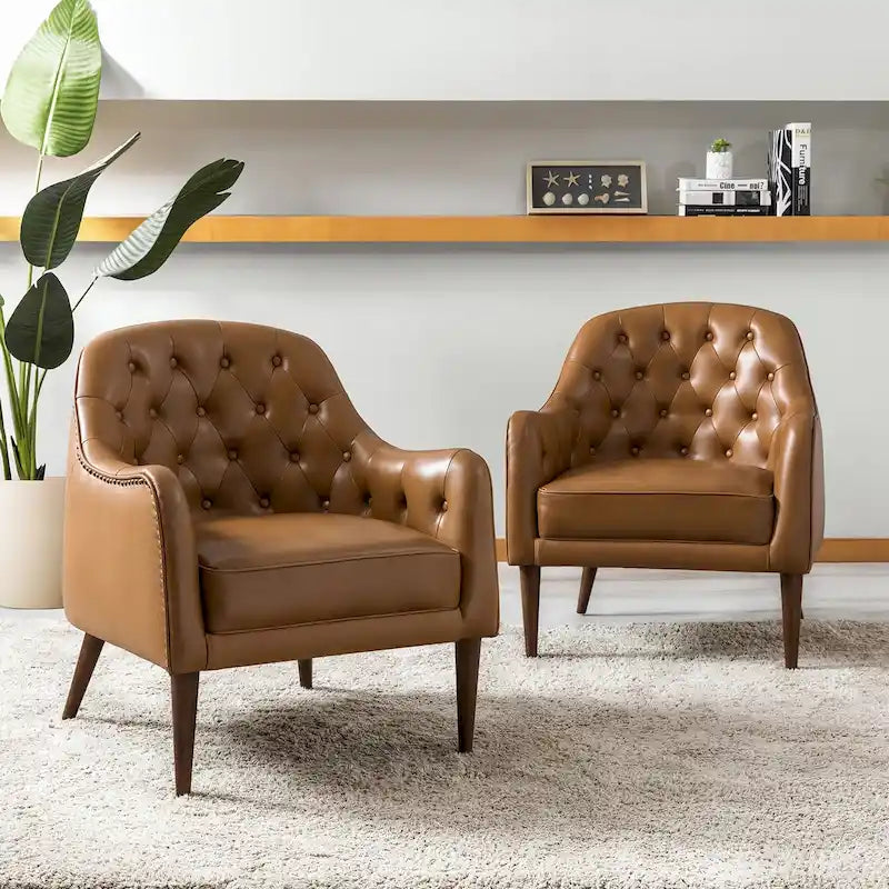 Fauteuil Melisa Classic en cuir véritable, pieds en bois, dossier capitonné, lot de 2, par HULALA HOME