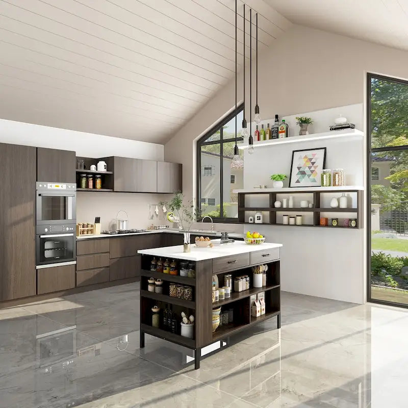 Îlot de cuisine buffet de 55,1 po de largeur avec étagères ouvertes et deux tiroirs