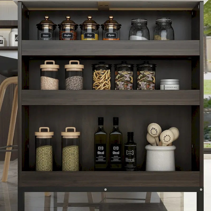 Îlot de cuisine buffet de 55,1 po de largeur avec étagères ouvertes et deux tiroirs