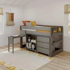 Max and Lily Farmhouse Twin Low Loft with Dresser, Bookcase and Desk