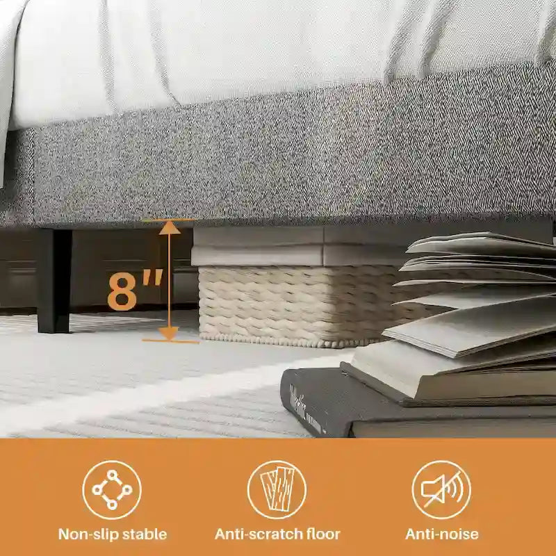 Cadre de lit double avec tête de lit réglable, sans sommier, cadre de lit plateforme recouvert de lin avec support à lattes en bois