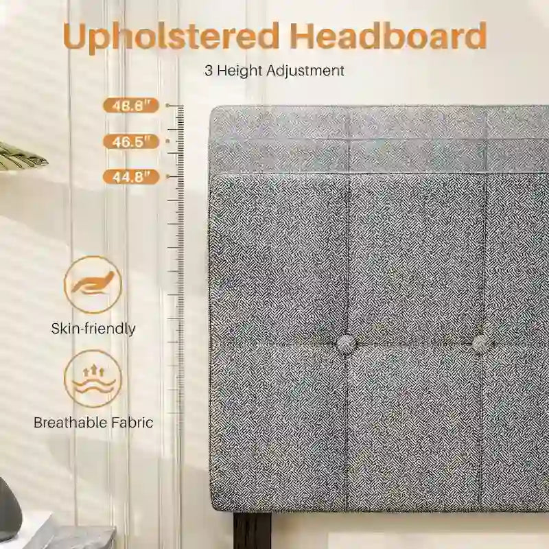 Cadre de lit double avec tête de lit réglable, sans sommier, cadre de lit plateforme recouvert de lin avec support à lattes en bois