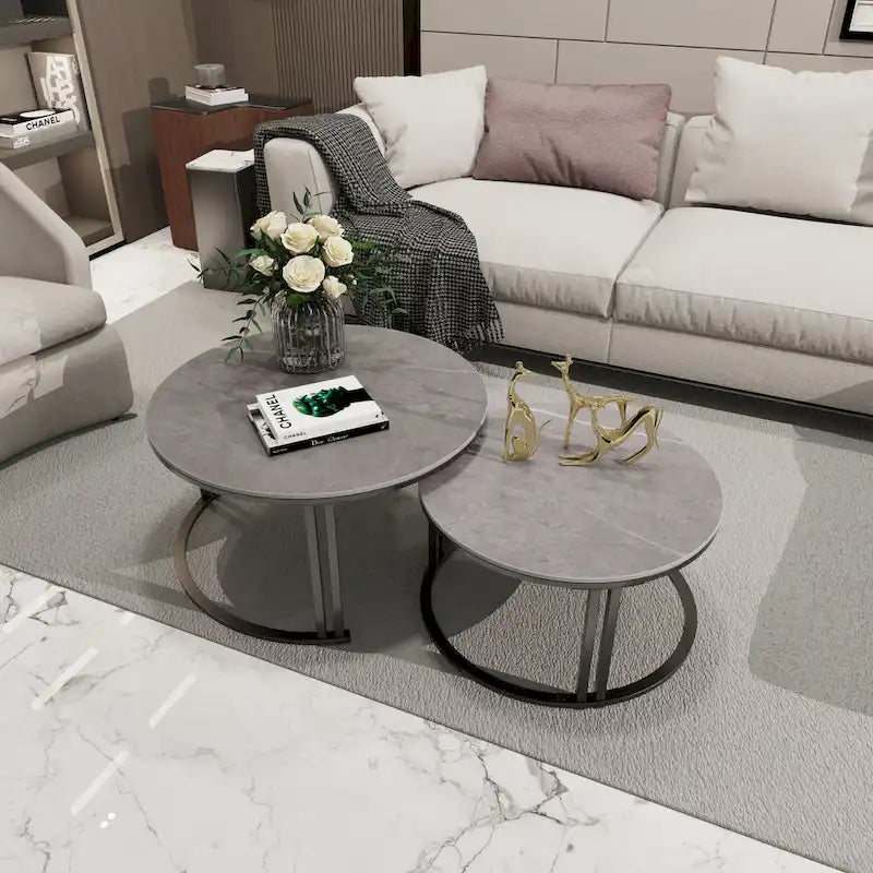 Lot de 2 tables basses gigognes rondes avec plateau en pierre frittée et structure en métal - 27 x 16