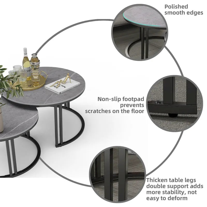 Lot de 2 tables basses gigognes rondes avec plateau en pierre frittée et structure en métal - 27 x 16
