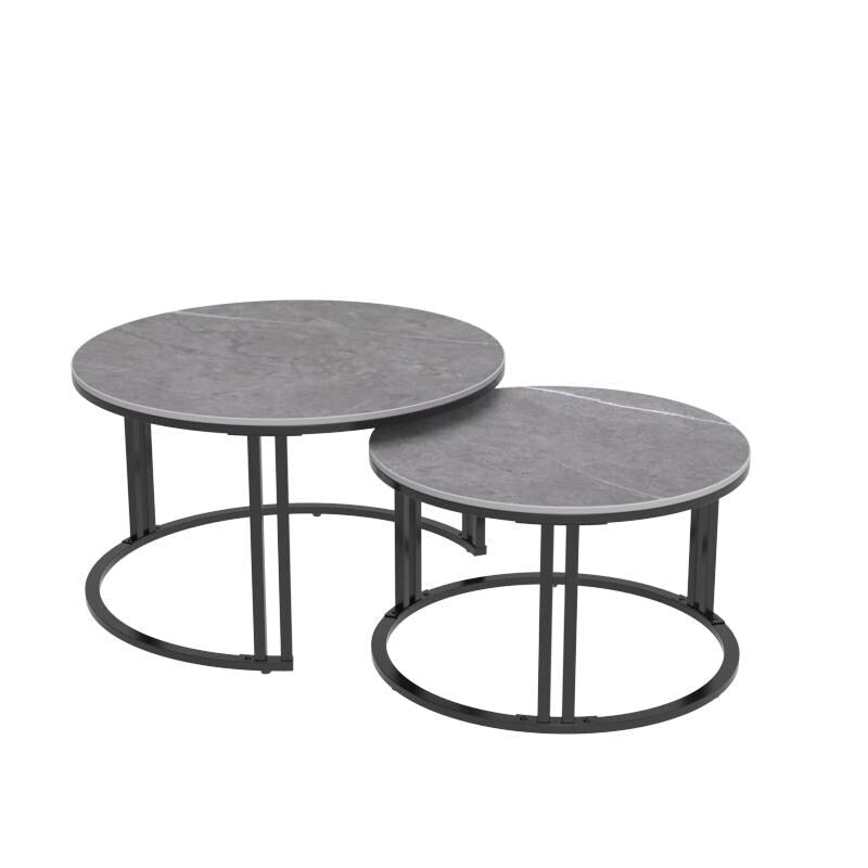 Lot de 2 tables basses gigognes rondes avec plateau en pierre frittée et structure en métal - 27 x 16