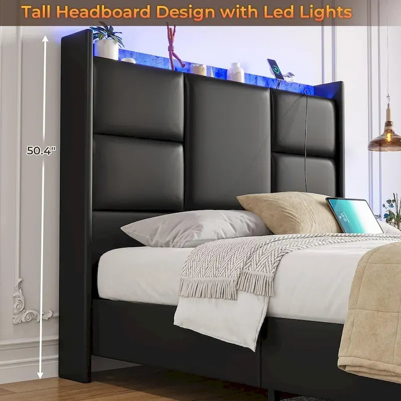 Cadre de lit avec tête de lit haute et rangement intégré