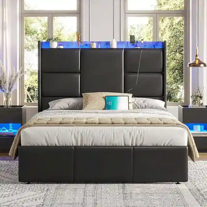 Cadre de lit avec tête de lit haute et rangement intégré