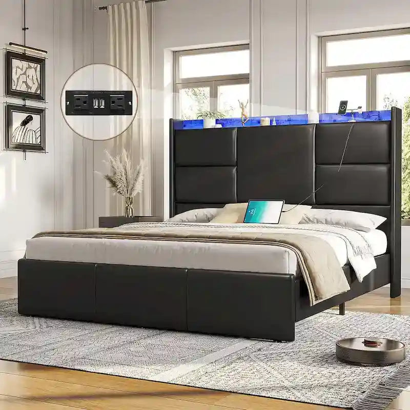 Cadre de lit avec tête de lit haute et rangement intégré