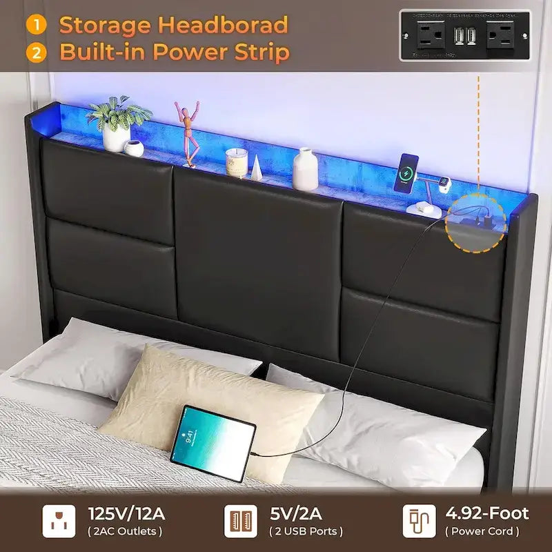 Cadre de lit avec tête de lit haute et rangement intégré