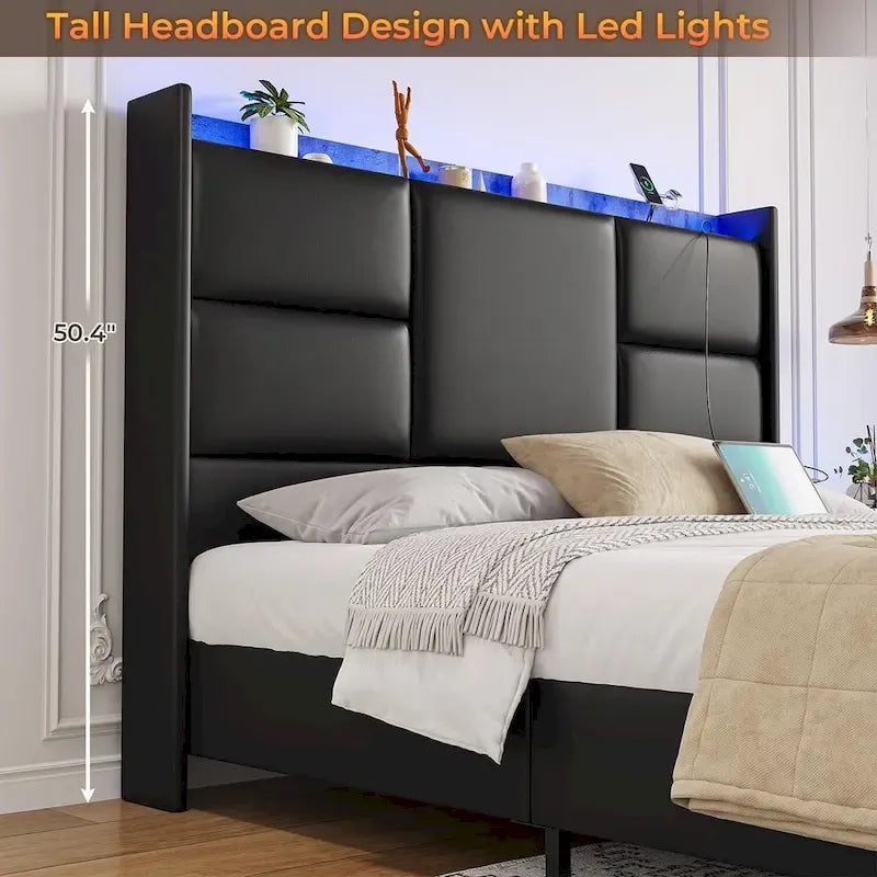 Cadre de lit avec tête de lit haute et rangement intégré