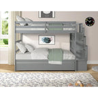 Lits superposés jumeaux avec lit gigogne et rangement dans l'escalier, couleur grise