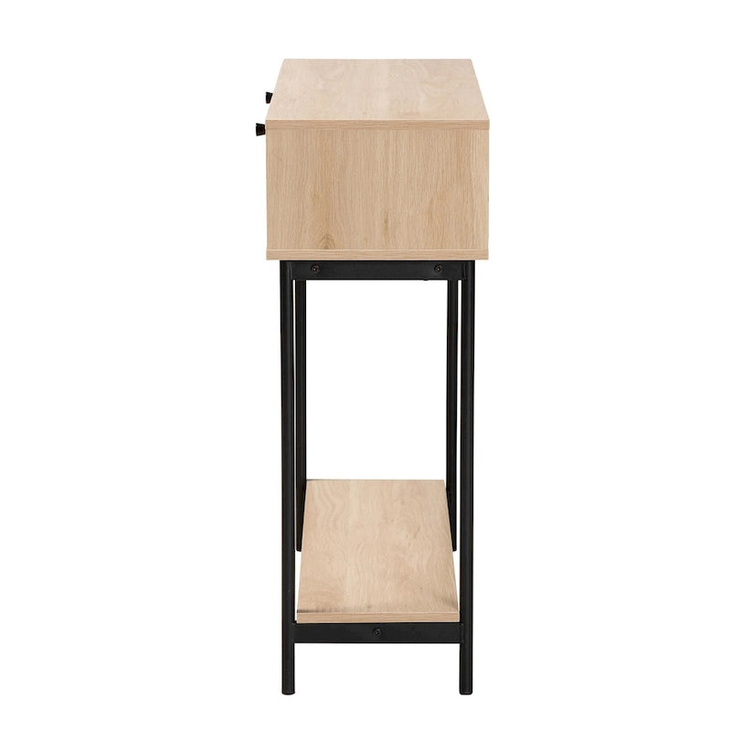 Console Sherwin Mid-Century Modern à 2 tiroirs, marron clair et noir, avec accent en rotin tressé