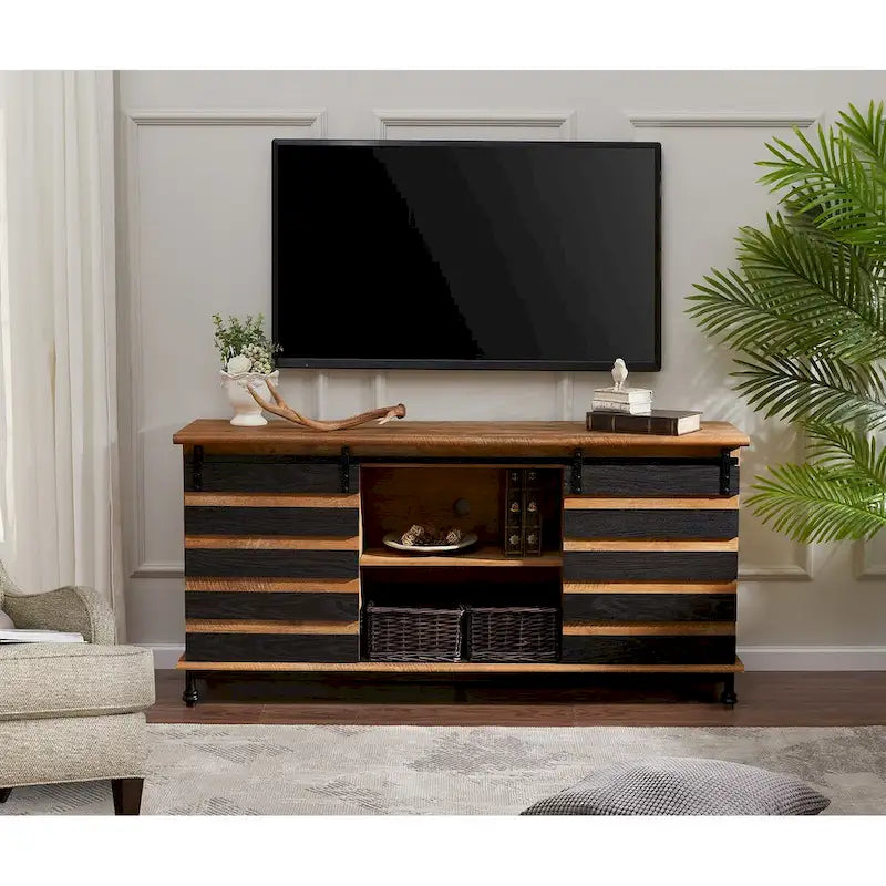 Meuble TV WAMPAT style ferme avec portes coulissantes de style grange, meuble de rangement pour téléviseurs jusqu'à 65 pouces
