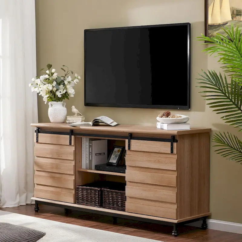 Meuble TV WAMPAT style ferme avec portes coulissantes de style grange, meuble de rangement pour téléviseurs jusqu'à 65 pouces