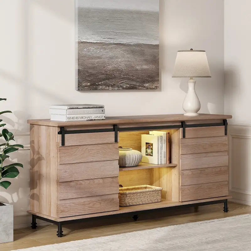 Meuble TV WAMPAT style ferme avec portes coulissantes de style grange, meuble de rangement pour téléviseurs jusqu'à 65 pouces