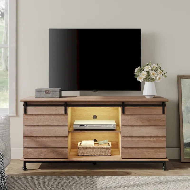Meuble TV WAMPAT style ferme avec portes coulissantes de style grange, meuble de rangement pour téléviseurs jusqu'à 65 pouces
