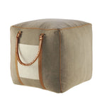 20 Gray Ivory Faux Leather Handmade Square Pouf Ottoman With Handles
