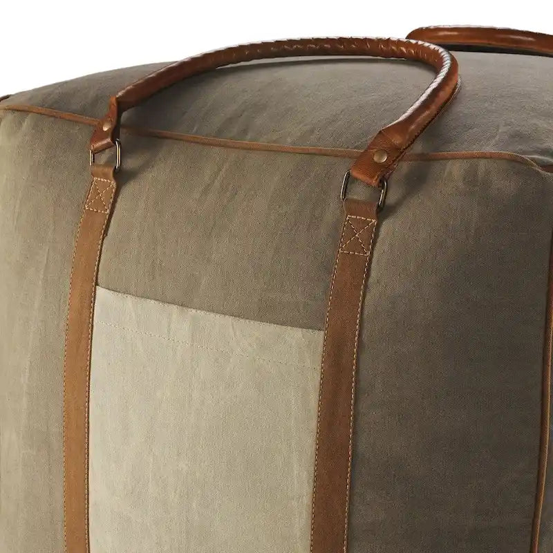 Pouf carré ottoman fait main en similicuir gris ivoire avec poignées (20 pouces)