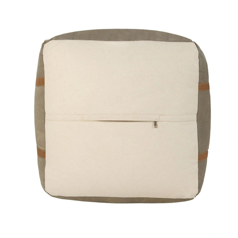Pouf carré ottoman fait main en similicuir gris ivoire avec poignées (20 pouces)