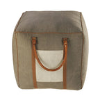 Pouf carré ottoman fait main en similicuir gris ivoire avec poignées (20 pouces)