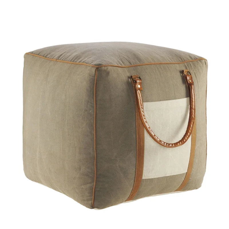 Pouf carré ottoman fait main en similicuir gris ivoire avec poignées (20 pouces)