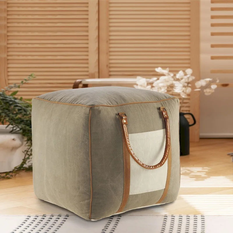 Pouf carré ottoman fait main en similicuir gris ivoire avec poignées (20 pouces)