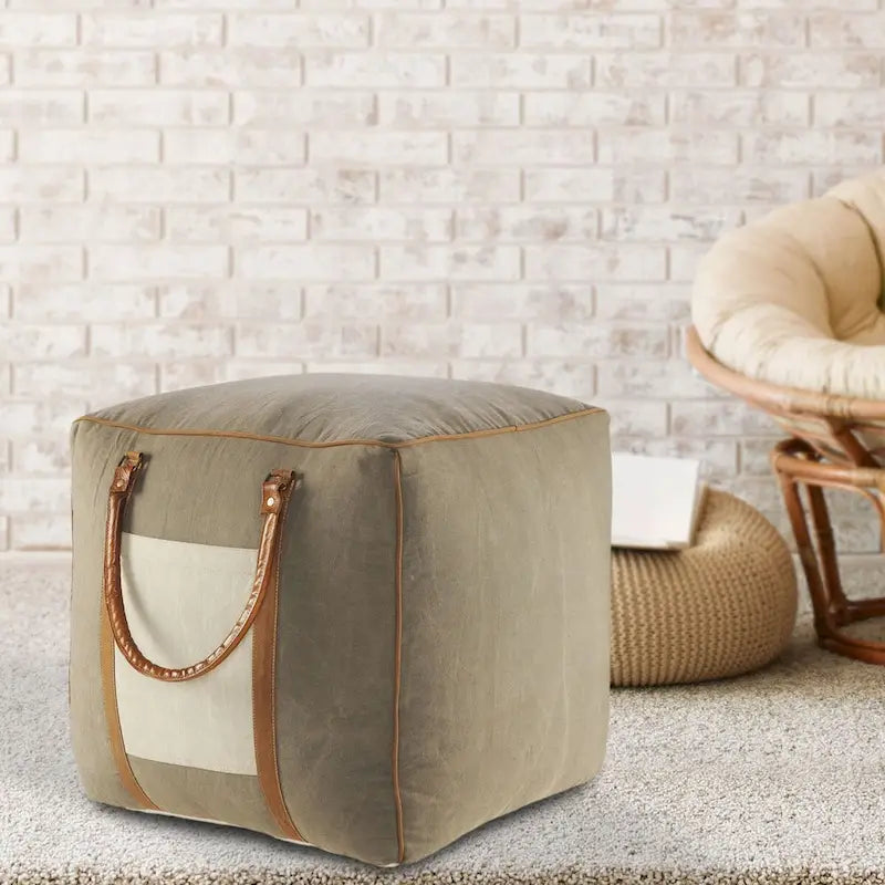 Pouf carré ottoman fait main en similicuir gris ivoire avec poignées (20 pouces)