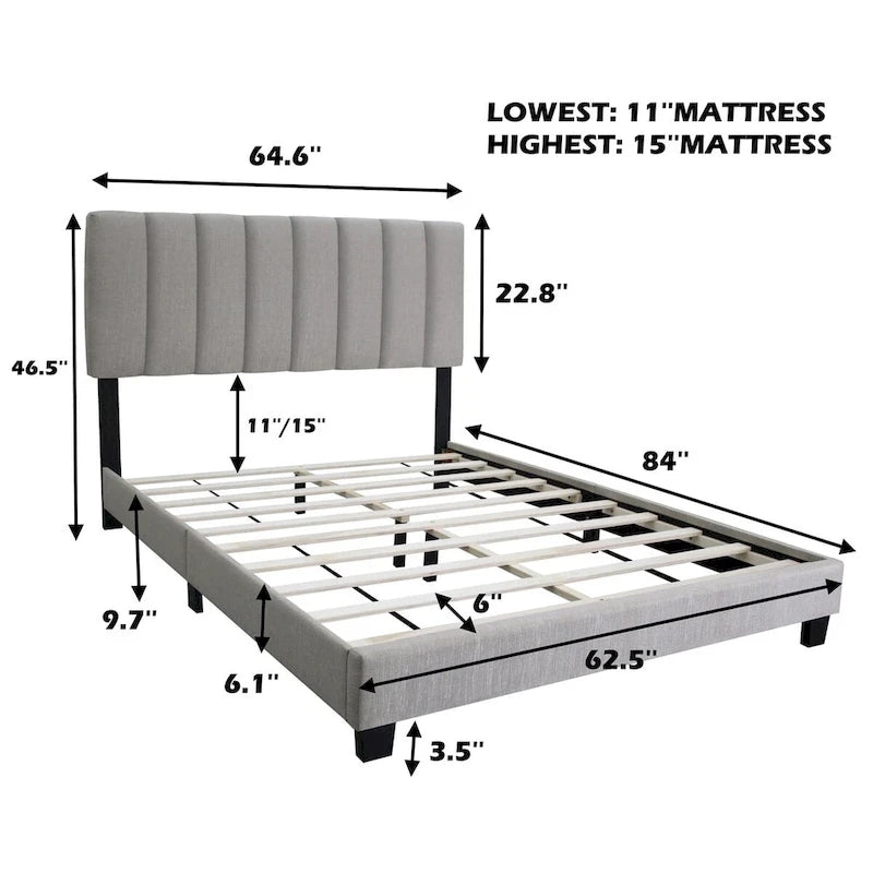 Cadre de lit rembourré réglable gris pierre, format Queen, style vintage et lignes épurées, style tendance