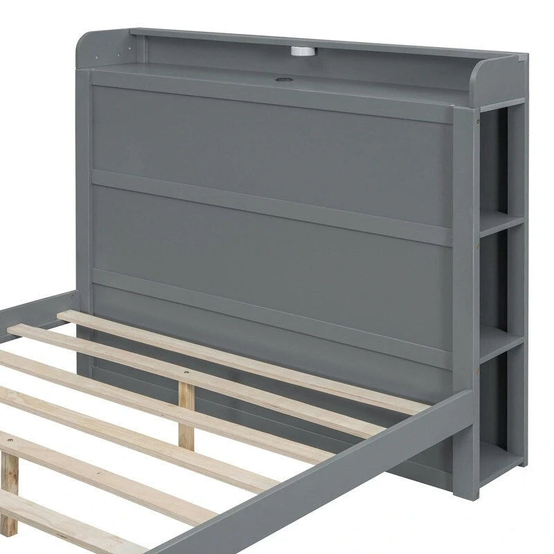 Lit plateforme avec étagères intégrées, éclairage LED et ports USB, format double/simple
