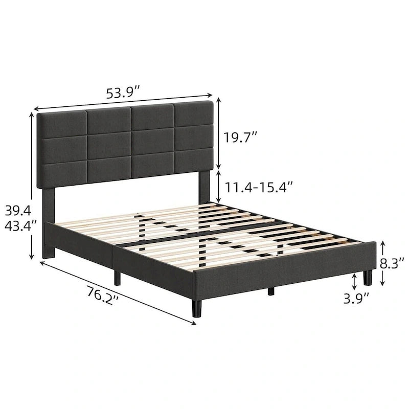Cadre de lit recouvert de lin avec sommier à lattes en bois