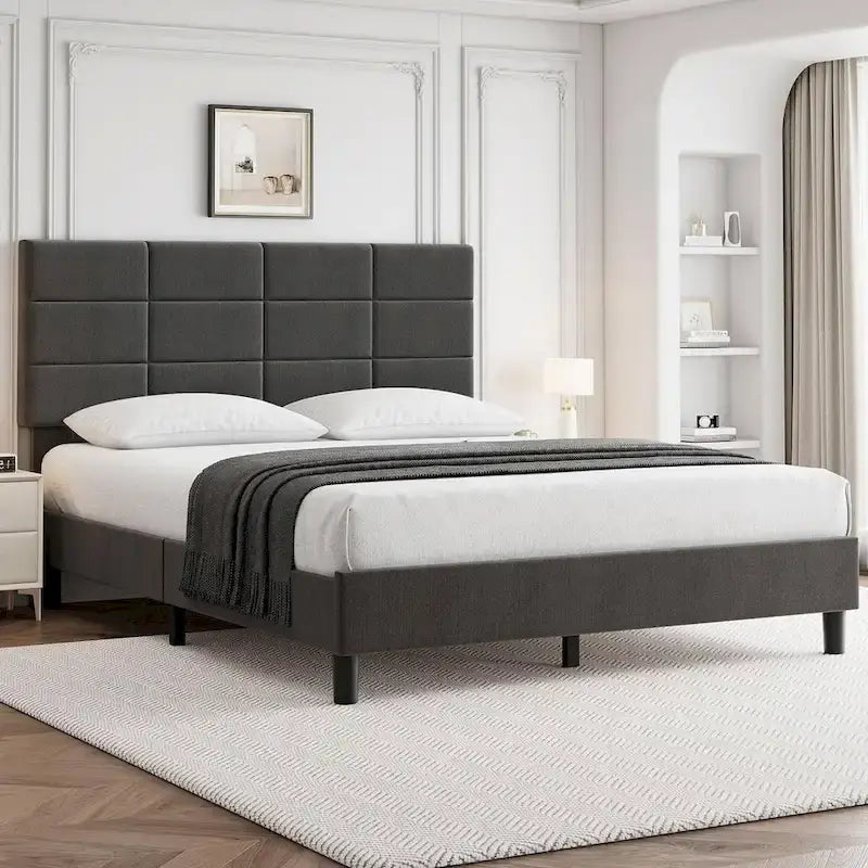 Cadre de lit recouvert de lin avec sommier à lattes en bois