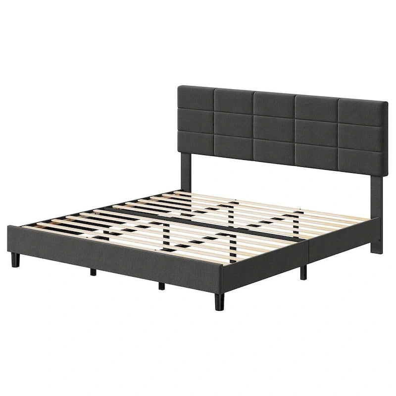 Cadre de lit recouvert de lin avec sommier à lattes en bois