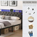 Cadre de lit plateforme avec tête de lit de rangement, station de recharge et éclairage LED