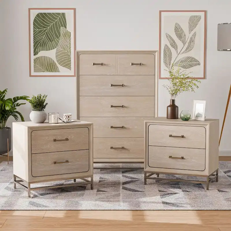 Ensemble de chambre à coucher Furniture of America Drayden Transitional en chêne massif, comprenant une commode 3 pièces et 2 tables de chevet.