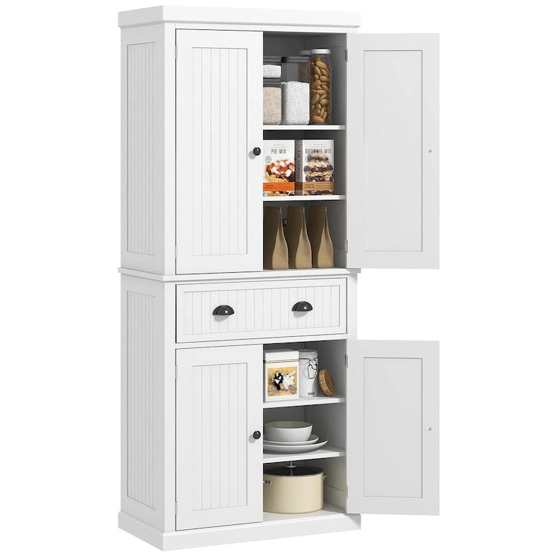 Armoire de rangement de cuisine 72 pouces, armoire traditionnelle autoportante avec 4 portes et 3 étagères réglables, grand tiroir central