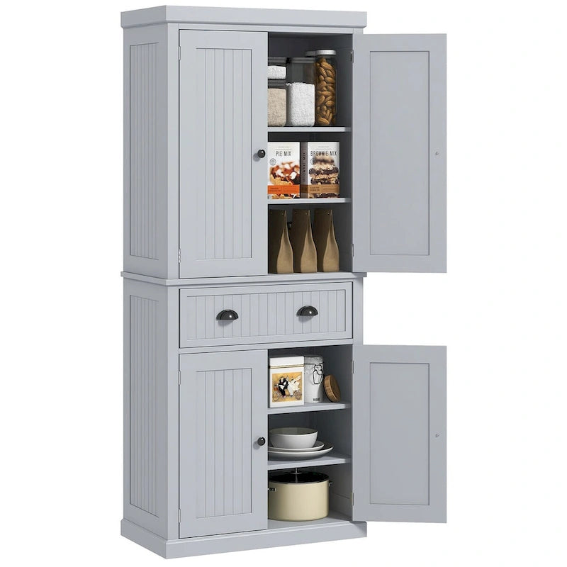 72 Kitchen Pantry Storage Cabinet, Traditional Freestanding Cabinet with 4 Doors and 3 Adjustable Shelves, Large Central Drawer