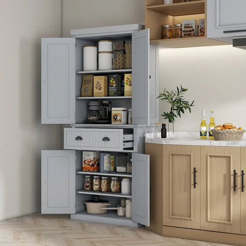 Armoire de rangement de cuisine 72 pouces, armoire traditionnelle autoportante avec 4 portes et 3 étagères réglables, grand tiroir central
