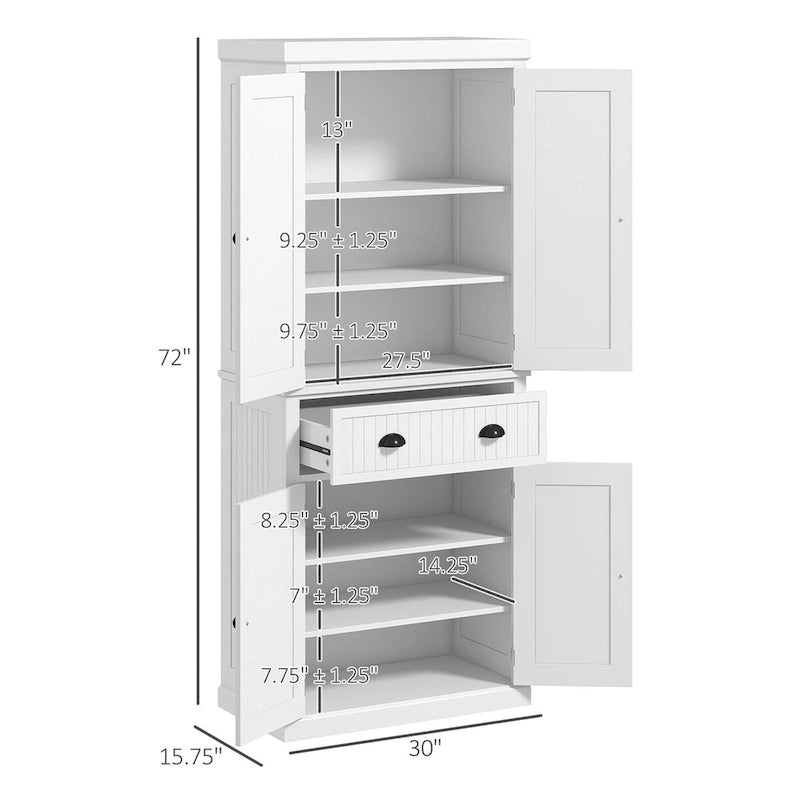 Armoire de rangement de cuisine 72 pouces, armoire traditionnelle autoportante avec 4 portes et 3 étagères réglables, grand tiroir central
