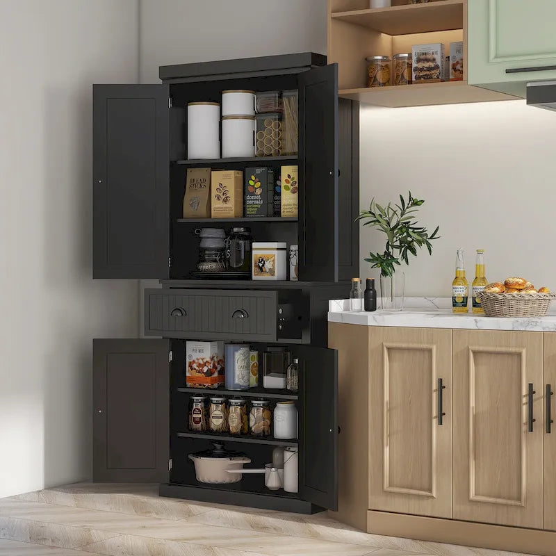 Armoire de rangement de cuisine 72 pouces, armoire traditionnelle autoportante avec 4 portes et 3 étagères réglables, grand tiroir central