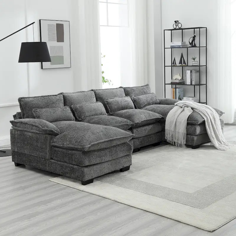 Canapé d'angle moderne en forme de U, grand format, en tissu chenille, avec poufs, canapé réversible pour salon