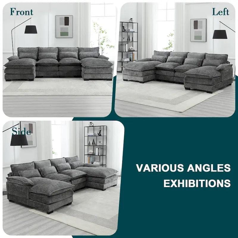 Canapé d'angle moderne en forme de U, grand format, en tissu chenille, avec poufs, canapé réversible pour salon