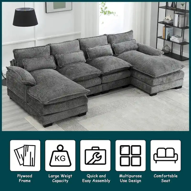 Canapé d'angle moderne en forme de U, grand format, en tissu chenille, avec poufs, canapé réversible pour salon