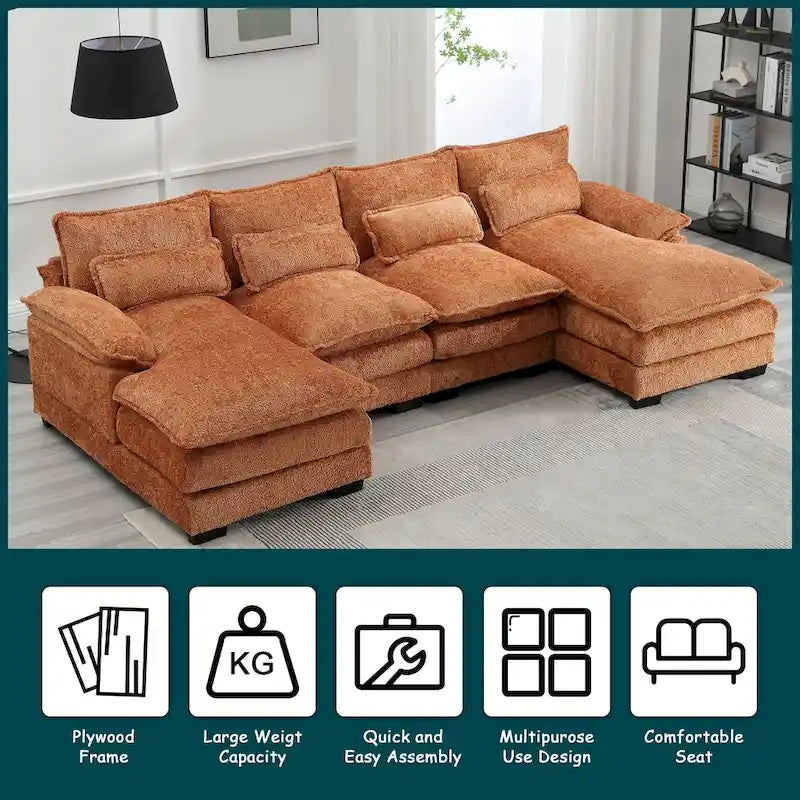 Canapé d'angle moderne en forme de U, grand format, en tissu chenille, avec poufs, canapé réversible pour salon