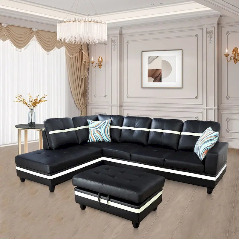 L-Shape Semi PU Leather Living Room Sofa Set with Ottoman,3-Piece