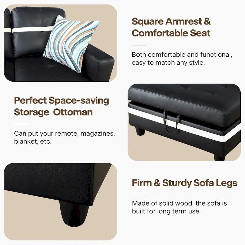 Ensemble canapé d'angle en similicuir avec pouf, 3 pièces