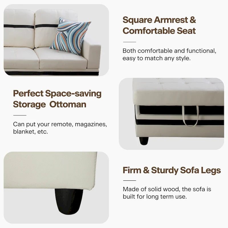 Ensemble canapé d'angle en similicuir avec pouf, 3 pièces