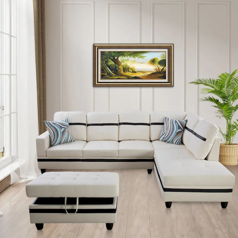 Ensemble canapé d'angle en similicuir avec pouf, 3 pièces