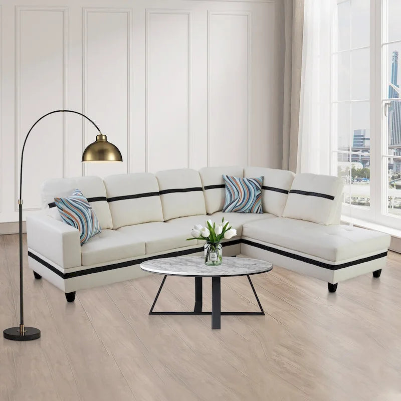 Ensemble canapé d'angle en similicuir avec pouf, 3 pièces